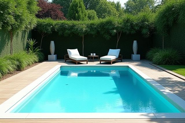 Piscina rettangolare moderna in un giardino privato con sdraio